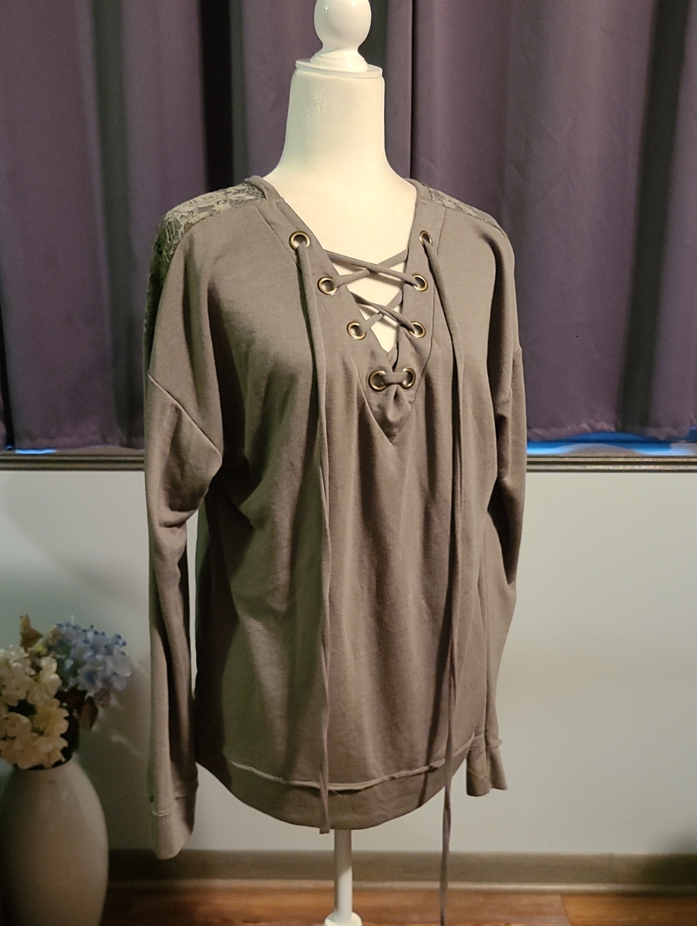 Lace-Up V-Neck Long Sleeve Top - Olive Green - Junior's XXL